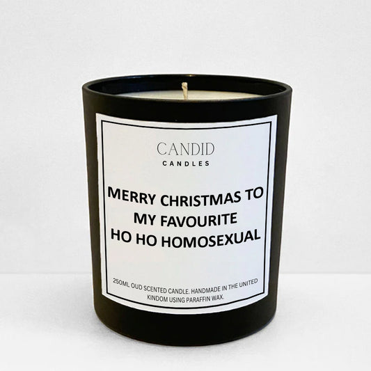 Festive funny 'My Favourite Ho Ho Homosexual' printed label handmade candle in glass jar