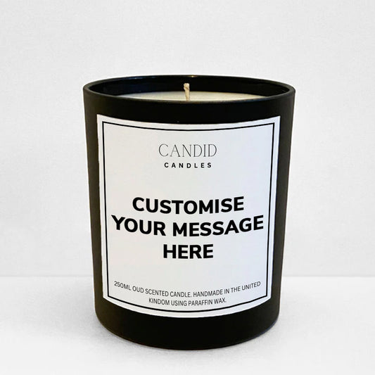 Personalised candle with customised white label on black jar