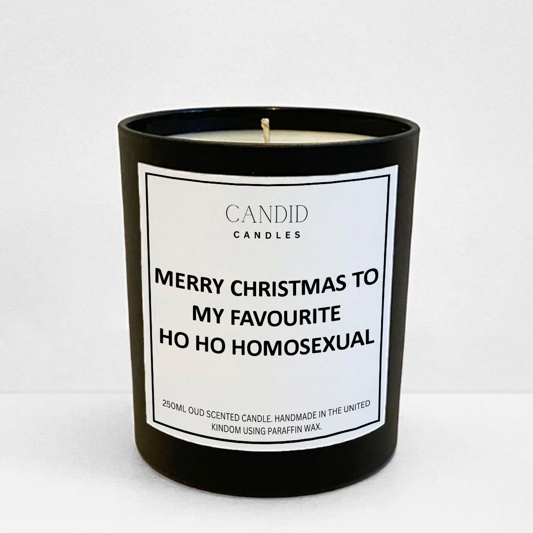 Festive funny 'My Favourite Ho Ho Homosexual' printed label handmade candle in glass jar