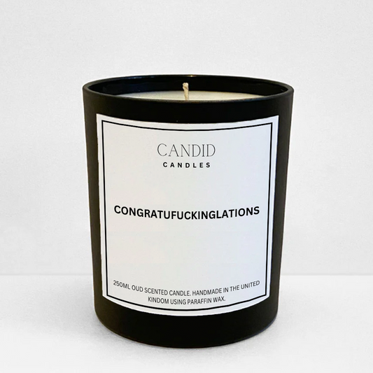 "Congratufuckinglations" funny label scented candles in black jar