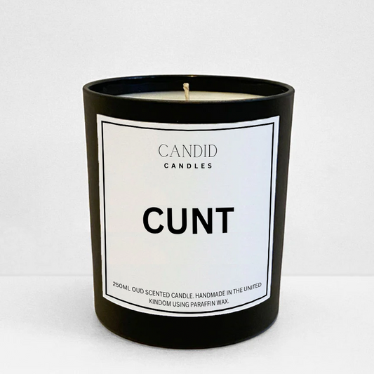 Label that says 'Cunt' offensive funny scented candle in black jar