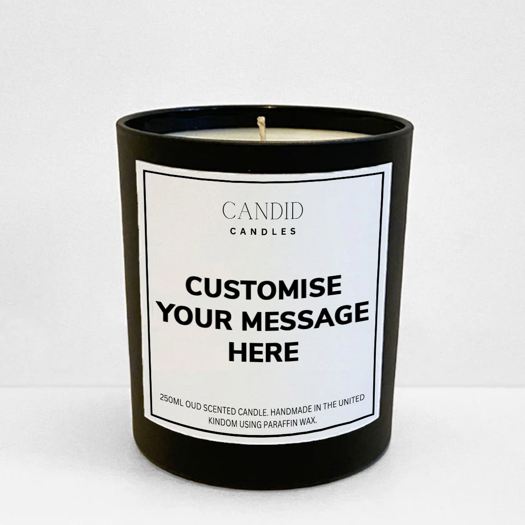 Personalised candle with customised white label on black jar