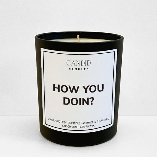'How you doin?' Friends Inspired Funny Scented Candle On Black Container 